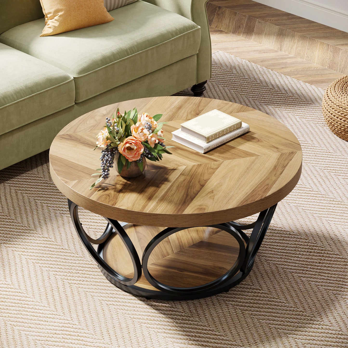 Table basse Denis — bois, métal, rangement intégré, 2 niveaux