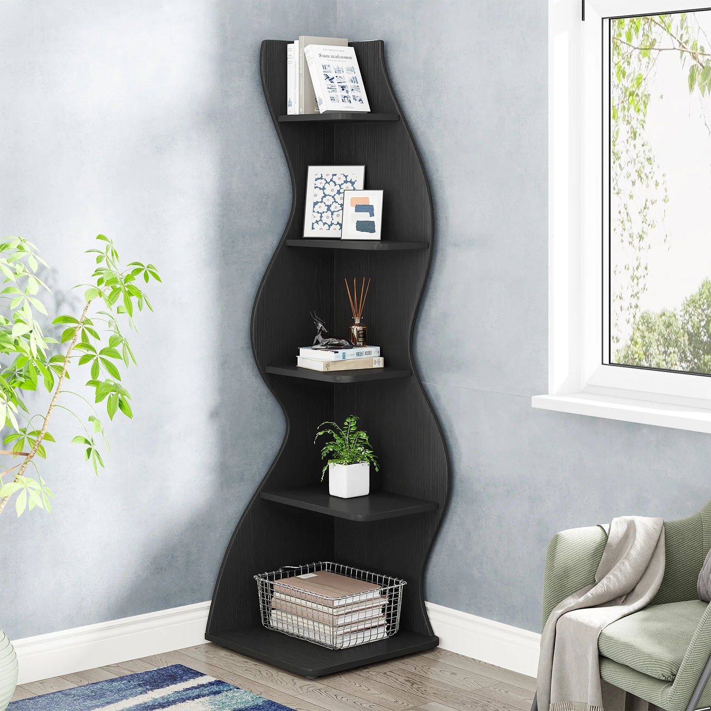 Bibliothèque Jules — design contemporain, rangement intégré, 5 niveaux, meuble d'angle