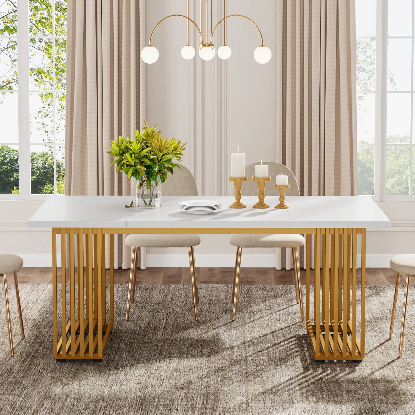 Table de salle à manger Louise — finition blanche, marbre, design contemporain, rectangulaire