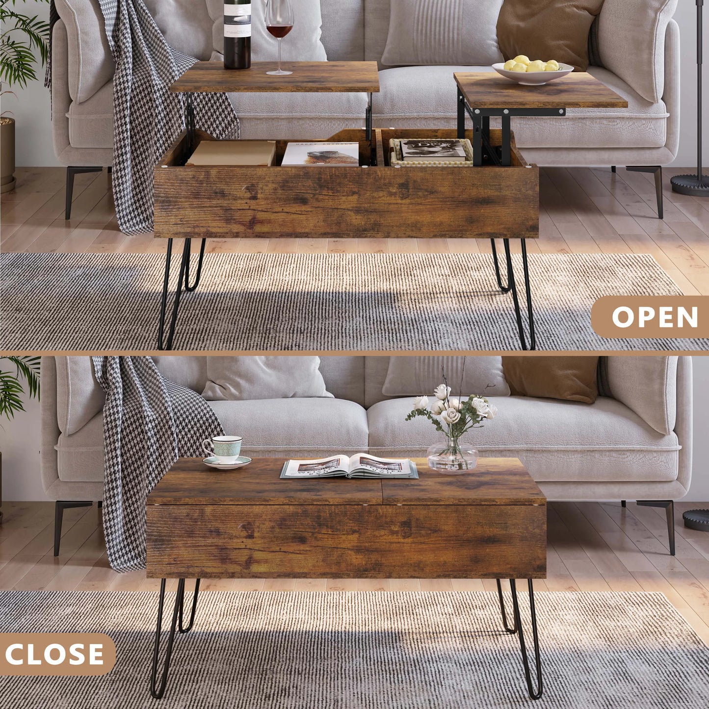 WOLTU Coffee Table Double Lifting Plate Sofa Table Height-Adjustable Pull-Out Living Room Table Separate Hidden Storage