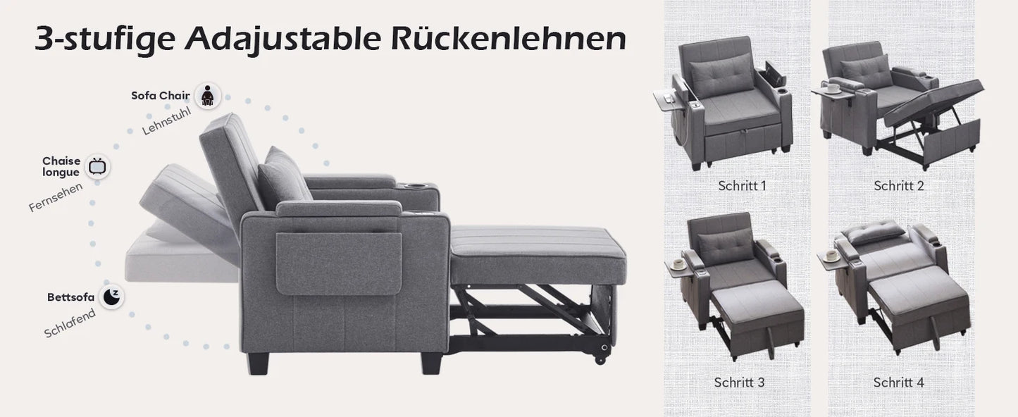 3-in-1 Sofa Bed with USB and Type-C, Adjustable Backrest TV Chair with Drink Holder and Armrest for Small Room Apartments
