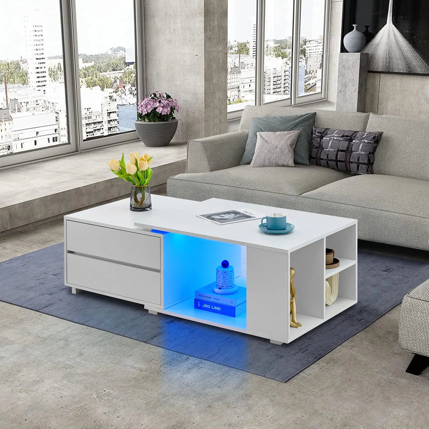 Extendable Coffee Table with LED Light, Living Room Centre Table with 4 Storage Drawers Shelves, Modern Wooden Sofa Side Table