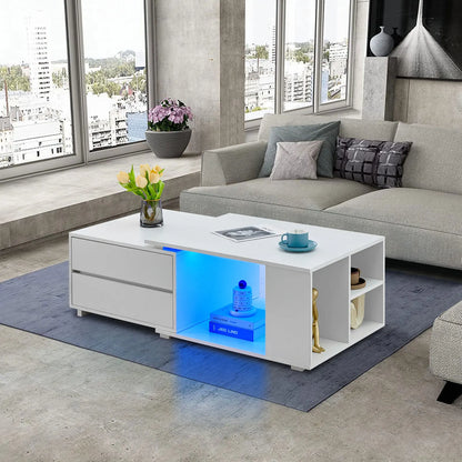 Extendable Coffee Table with LED Light, Living Room Centre Table with 4 Storage Drawers Shelves, Modern Wooden Sofa Side Table