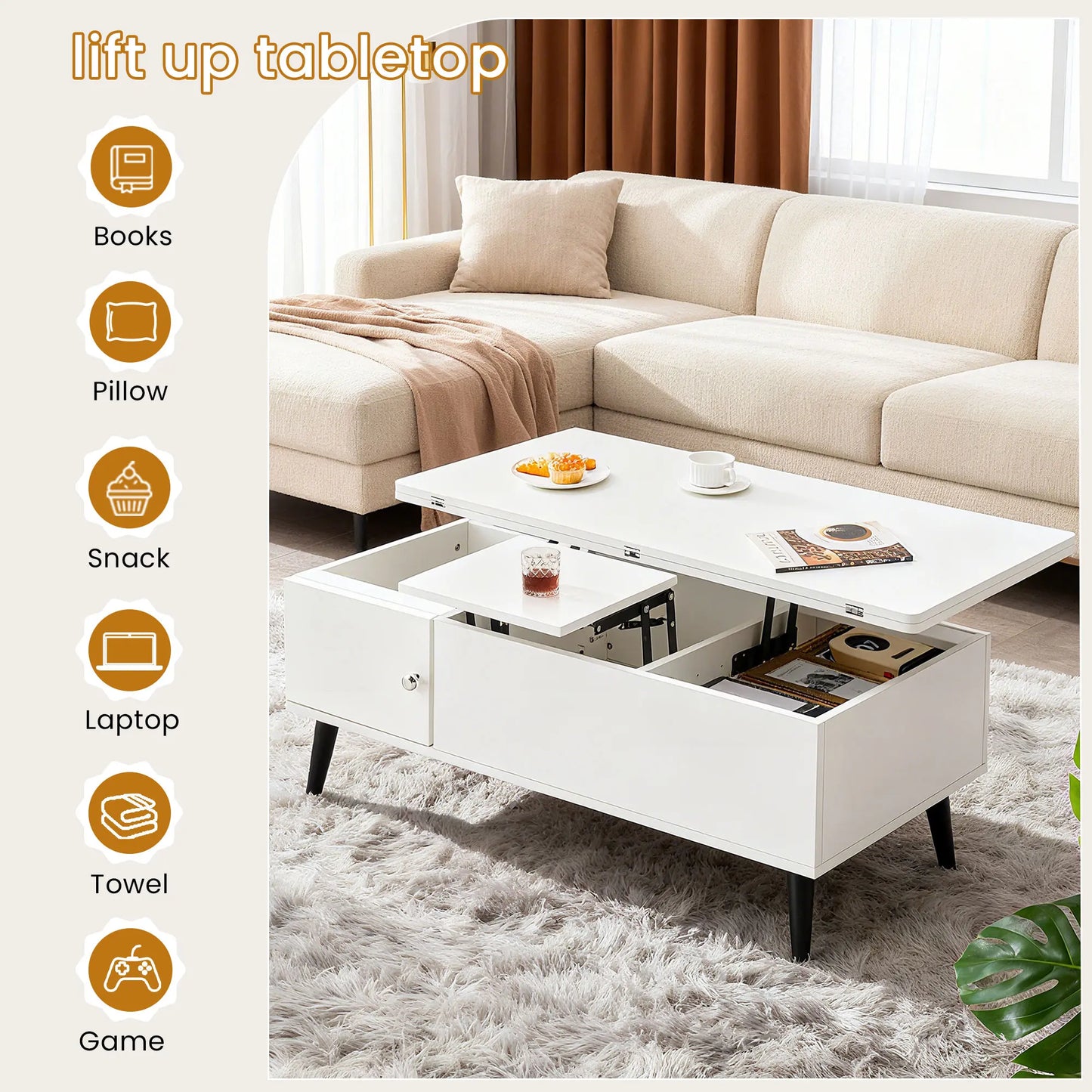 Convertible Coffee Table with Lifting Top, Retractable Living Room Table, Wooden Sofa Side Table with Hidden Storage Space