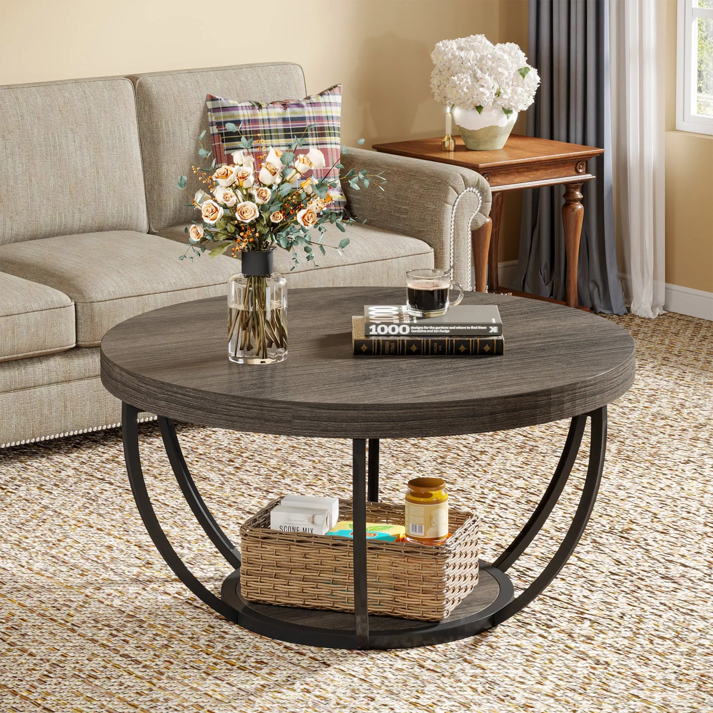 Table basse Jérôme — bois, style industriel, rangement intégré, 2 niveaux