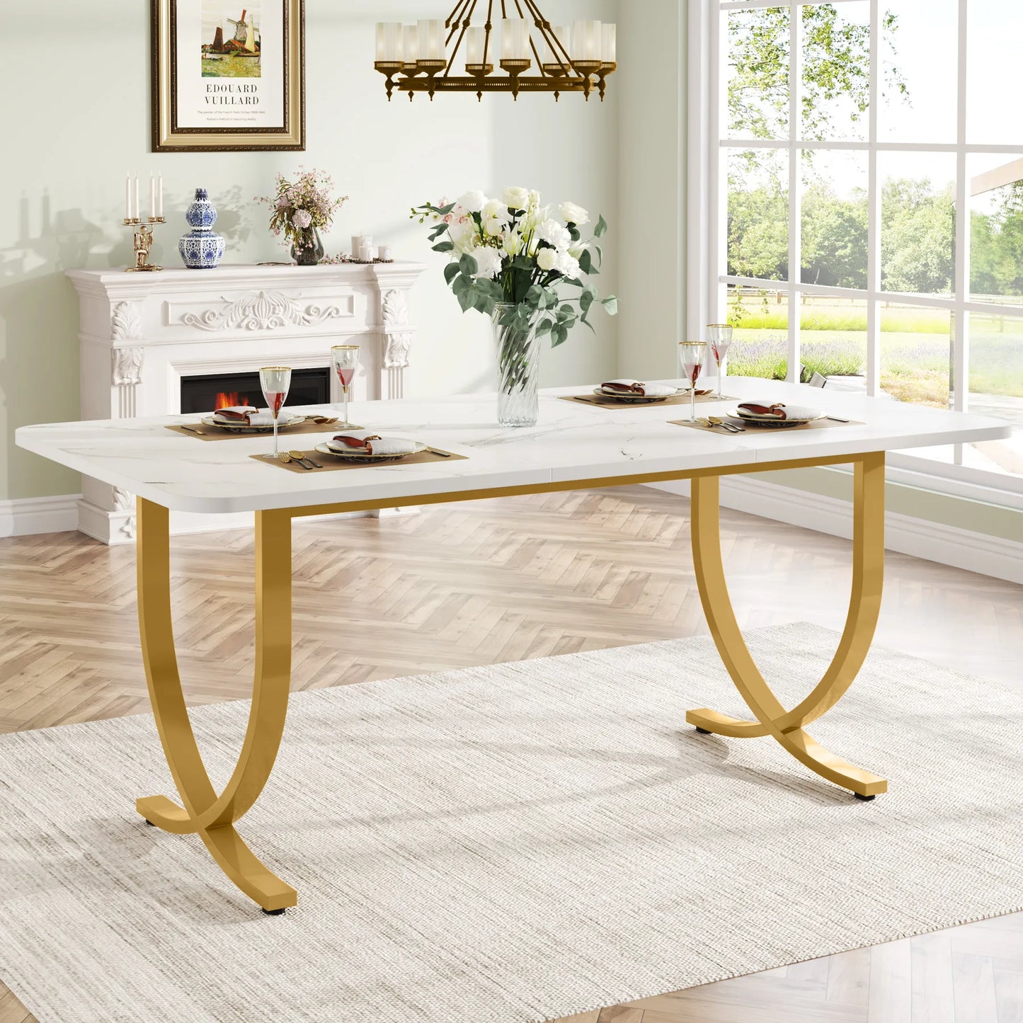 Table de salle à manger Louise — finition blanche, marbre, design contemporain, rectangulaire