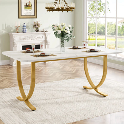 Table de salle à manger Louise — finition blanche, marbre, design contemporain, rectangulaire