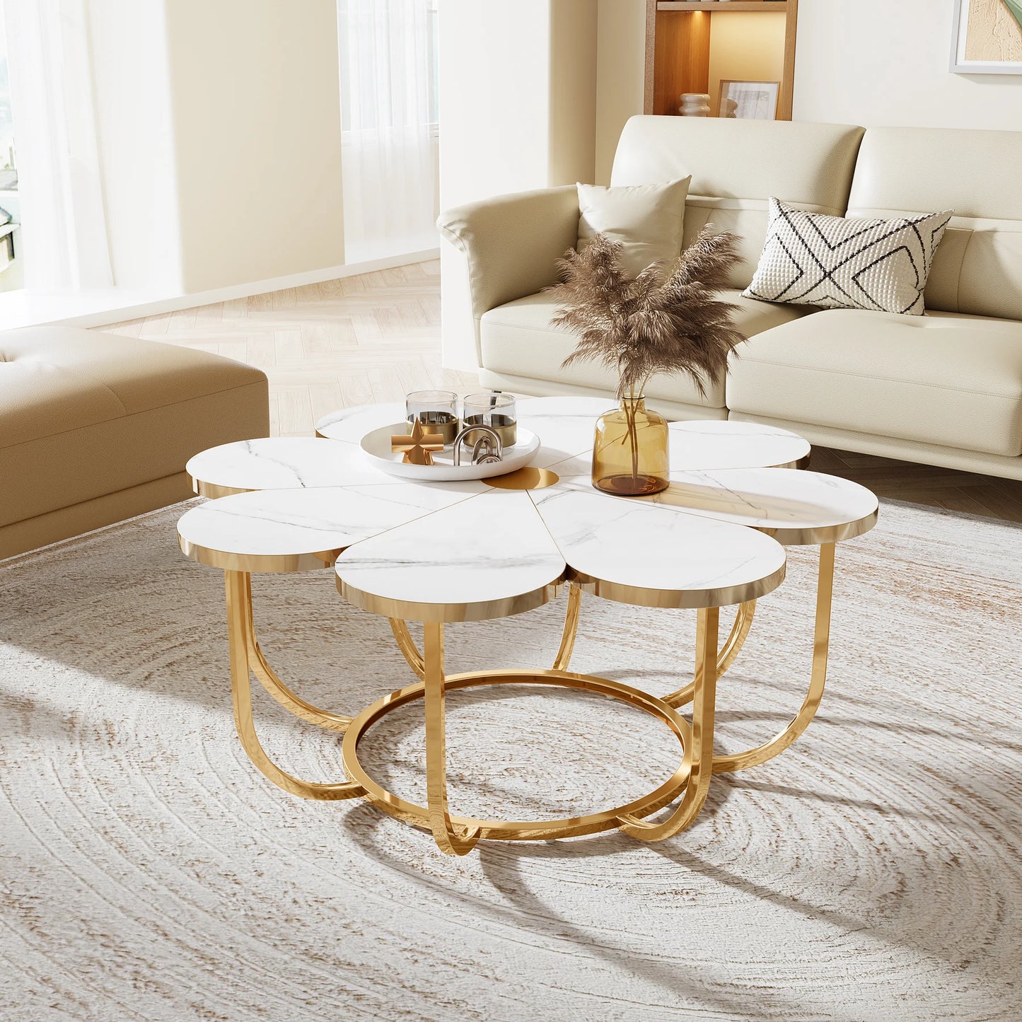 Table basse Tatiana — finition dorée, marbre