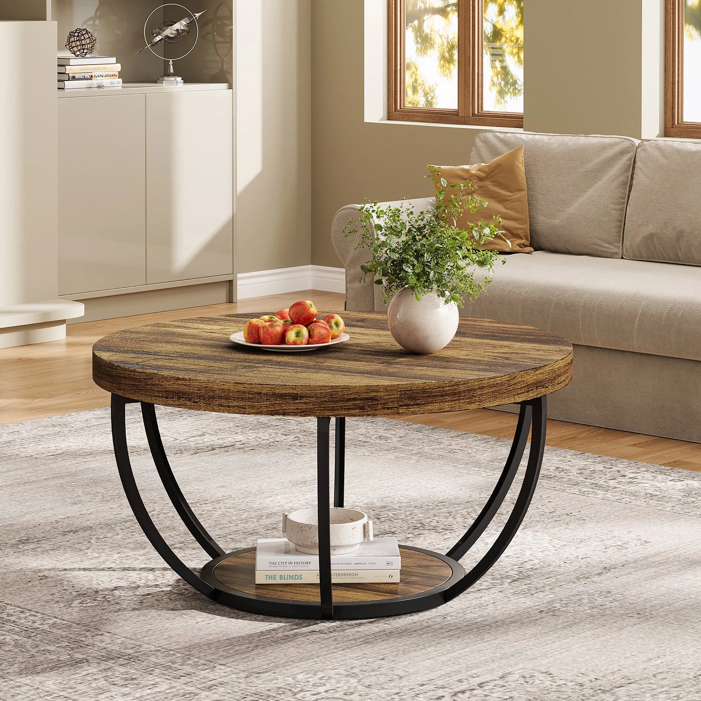 Table basse Marc — bois, style industriel, rangement intégré, 2 niveaux
