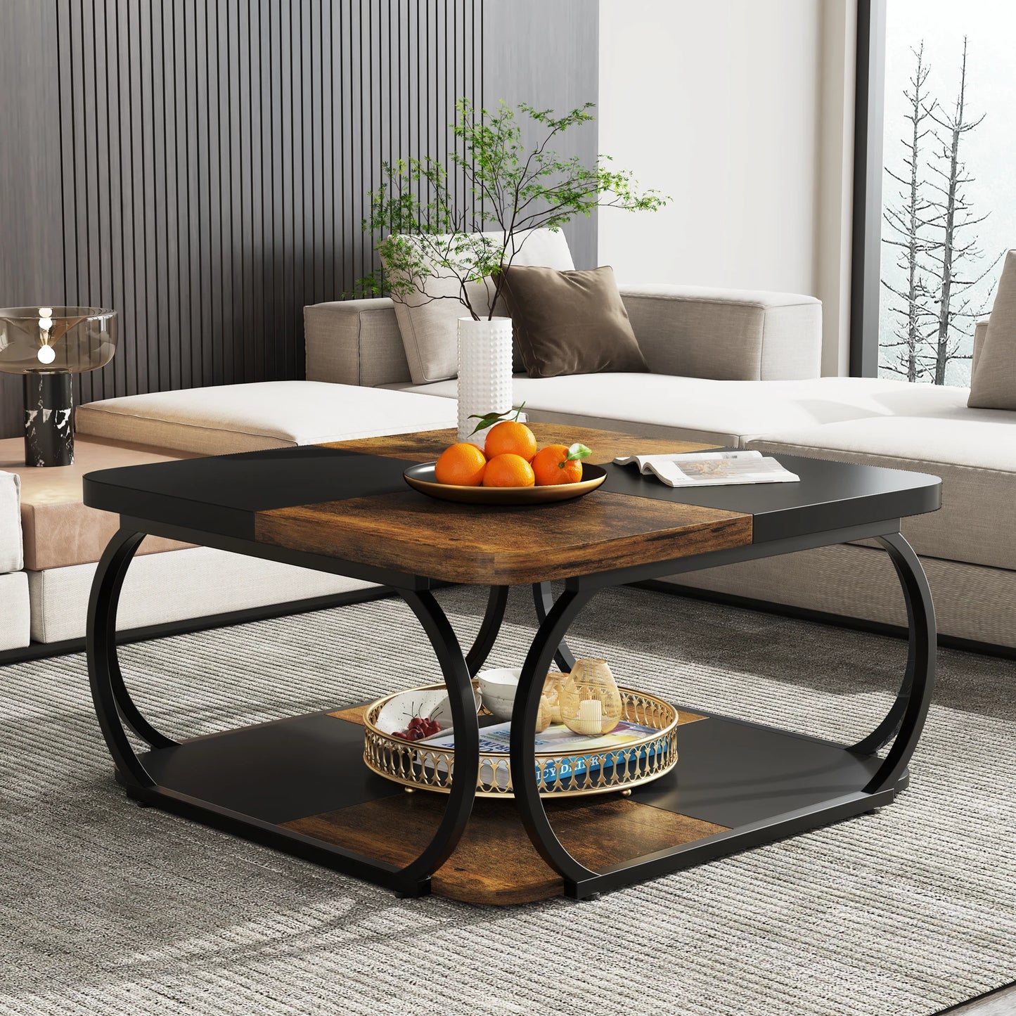 Table basse Mélanie — bois, métal, rangement intégré, 2 niveaux