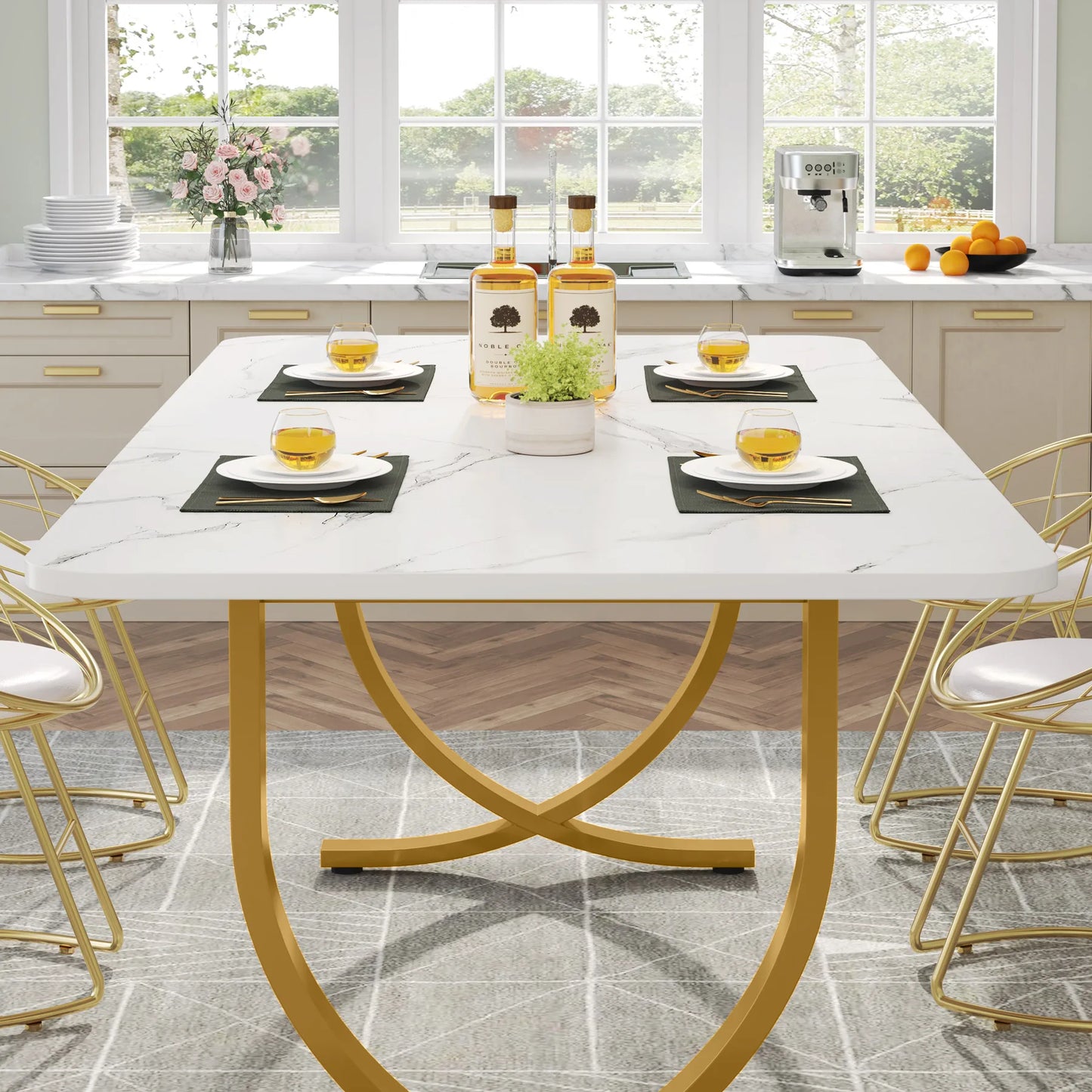 Table de salle à manger Louise — finition blanche, marbre, design contemporain, rectangulaire