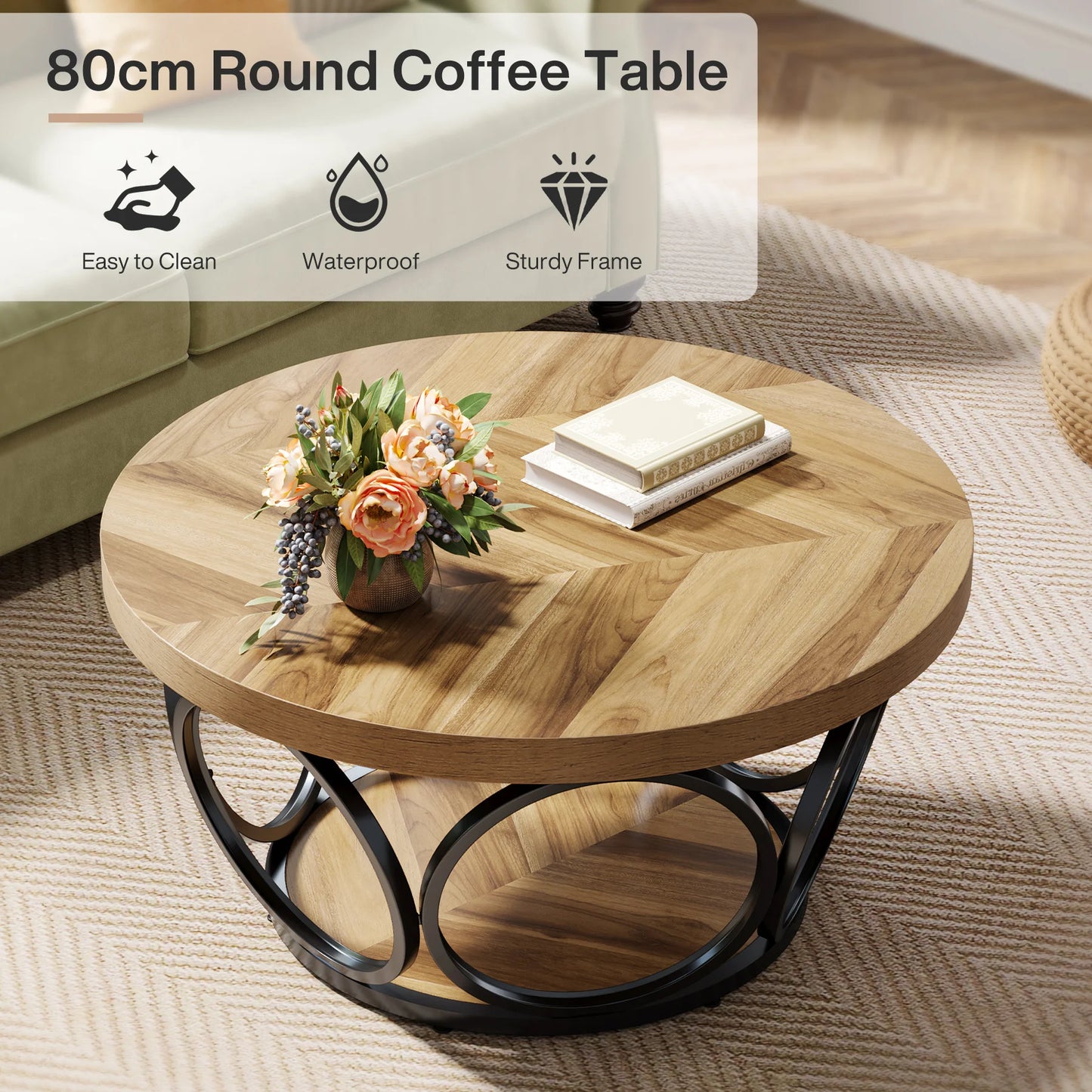 Table basse Denis — bois, métal, rangement intégré, 2 niveaux