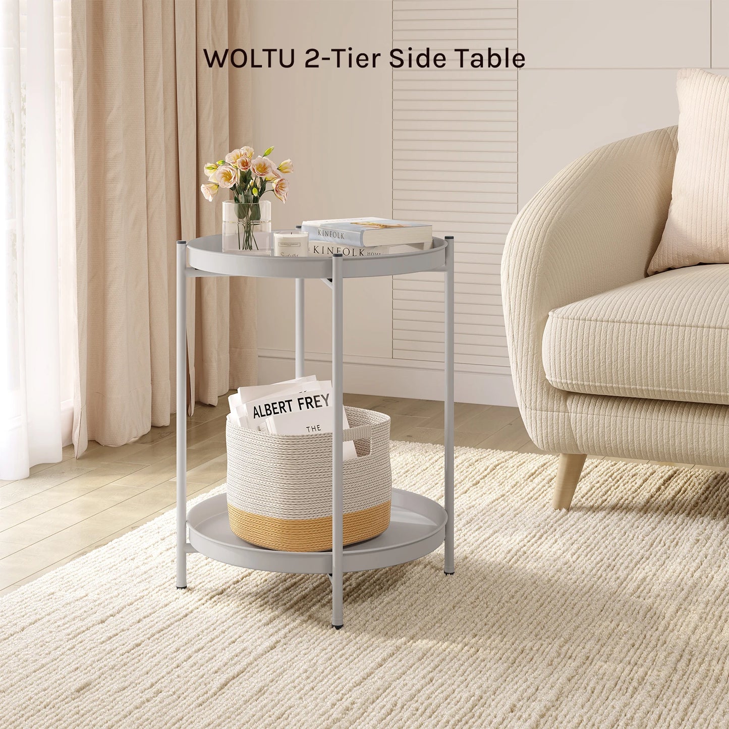 WOLTU Round Coffee Table with Storage Space 2 Removable Trays Metal Sofa Table for Living Room Modern Bedside Table for Bedroom