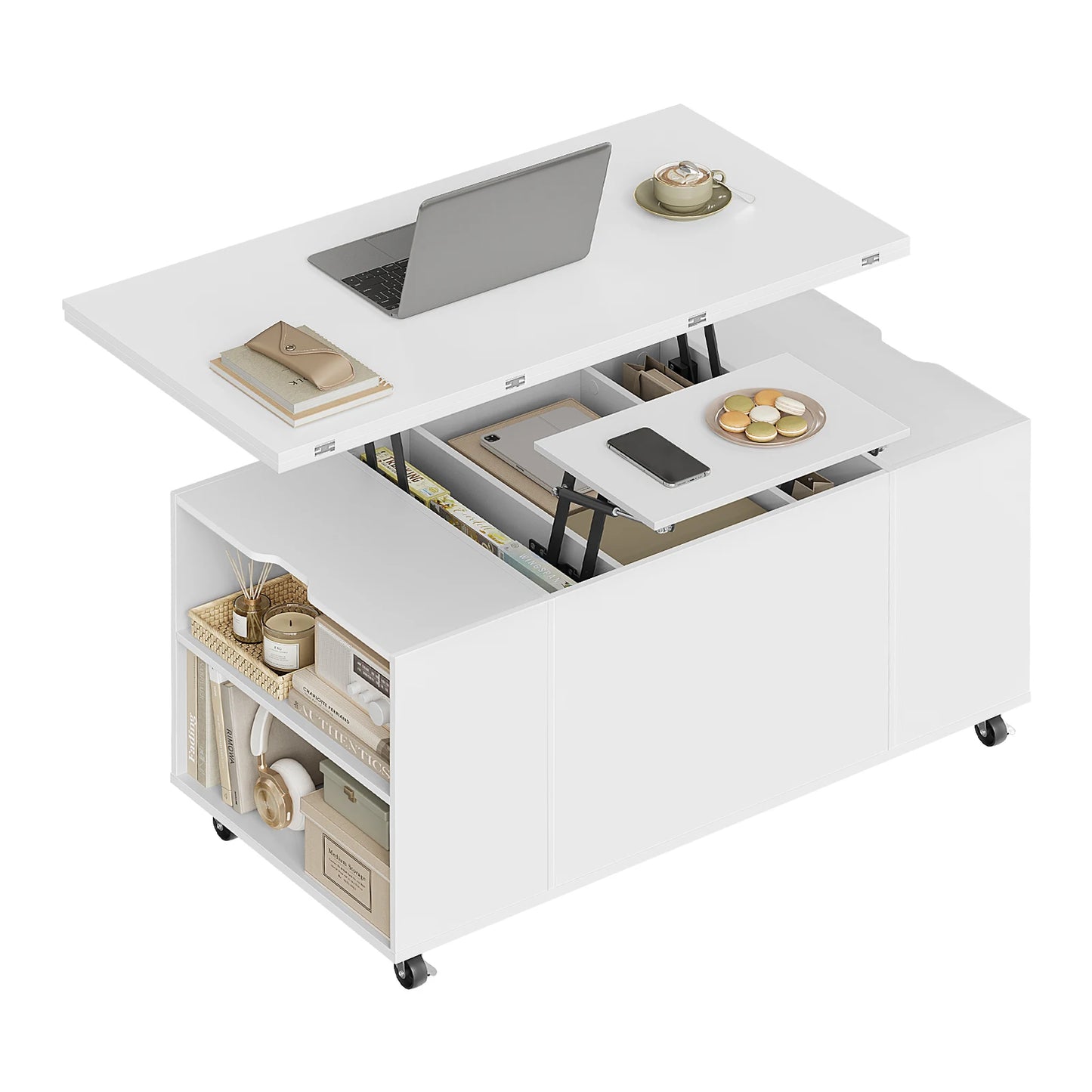 WOLTU Double Lift Top Coffee Table with Wheels Wood Sofa Table with Drawer and Storage Shelf Height-Adjustable Extendable for Living Room