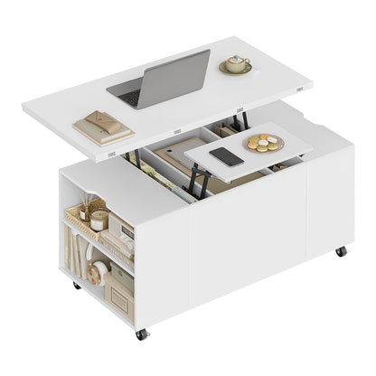 WOLTU Double Lift Top Coffee Table with Wheels Wood Sofa Table with Drawer and Storage Shelf Height-Adjustable Extendable for Living Room