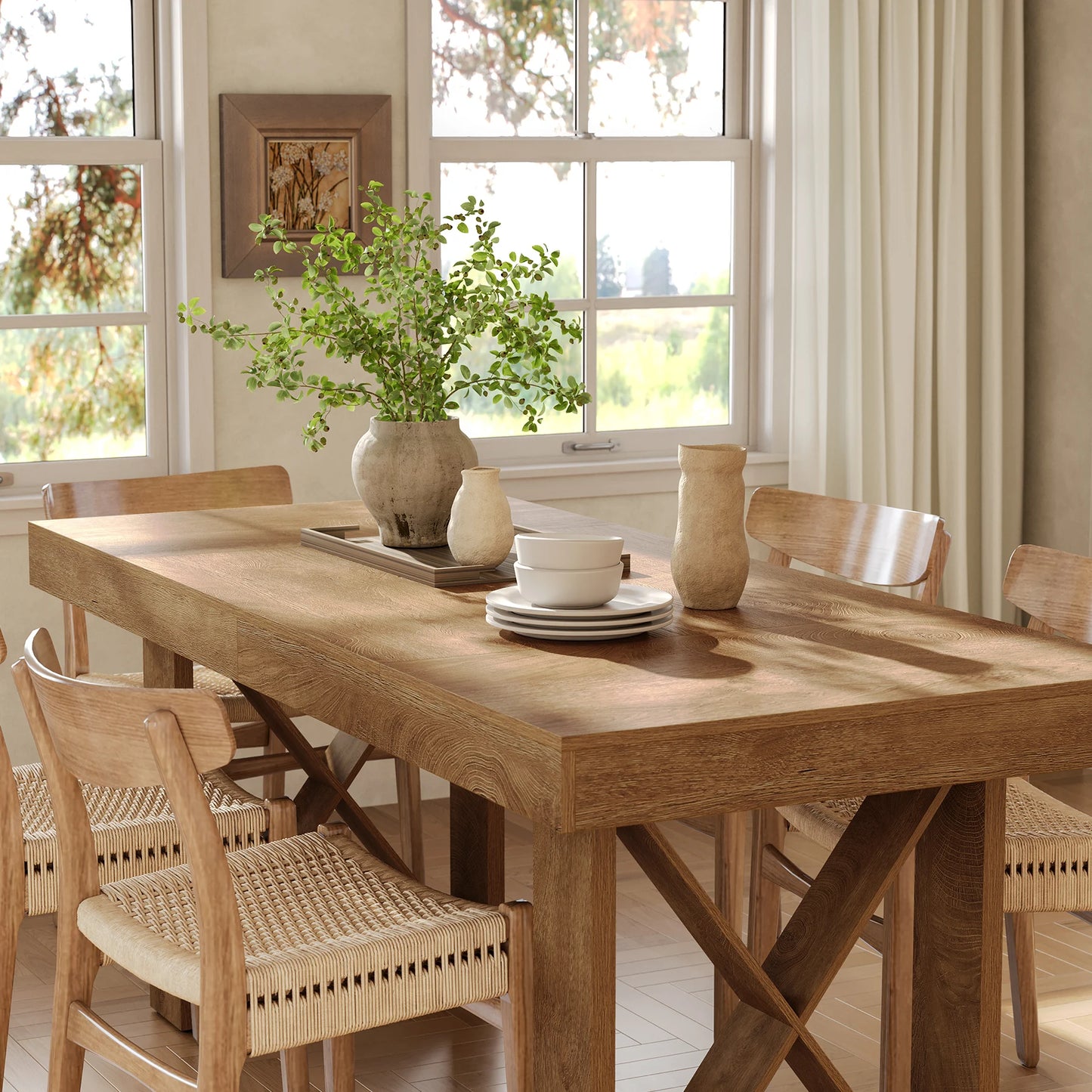 Table de salle à manger Justine — finition marron, style rustique, rectangulaire