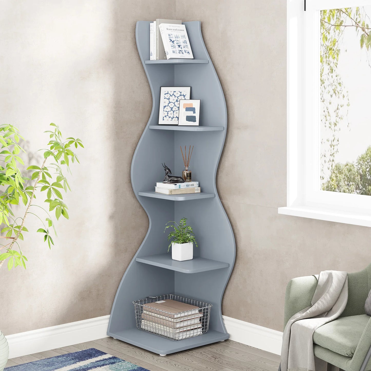 Bibliothèque Jules — design contemporain, rangement intégré, 5 niveaux, meuble d'angle