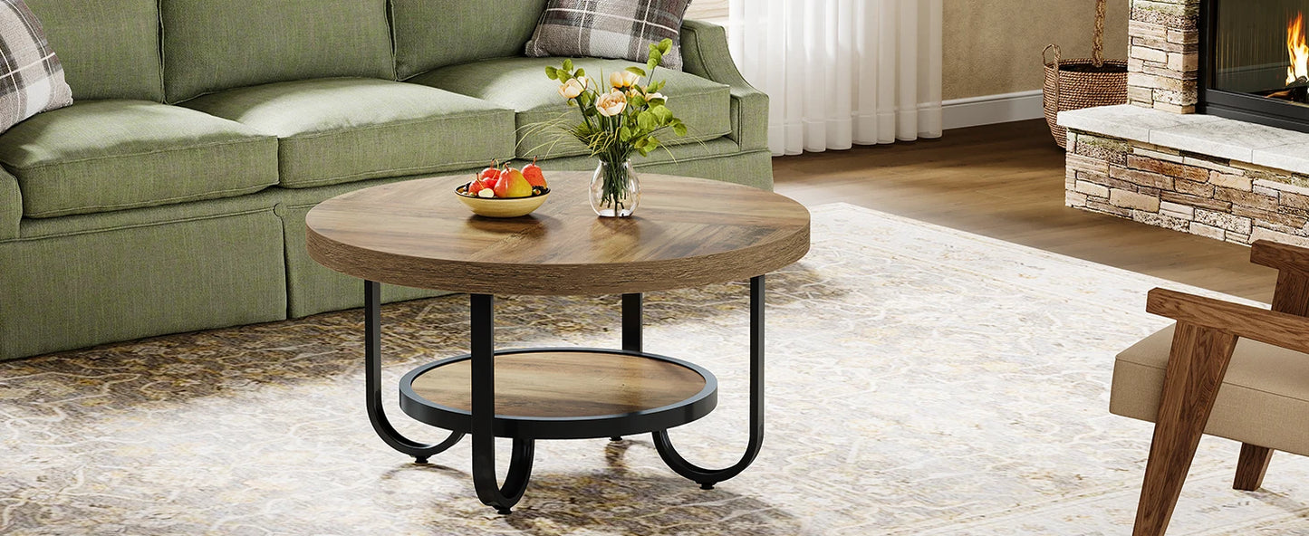 Table basse Ursule — rangement intégré, 2 niveaux, ronde, étagères ouvertes