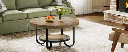 Table basse Ursule — rangement intégré, 2 niveaux, ronde, étagères ouvertes