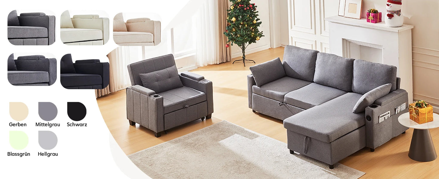3-in-1 Sofa Bed with USB and Type-C, Adjustable Backrest TV Chair with Drink Holder and Armrest for Small Room Apartments
