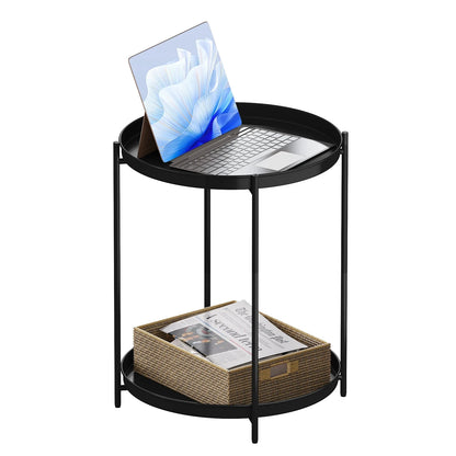 WOLTU Round Coffee Table Metal Side Table with Storage Space 2 Removable Trays Bedside Table for Bedroom Living Room Decor