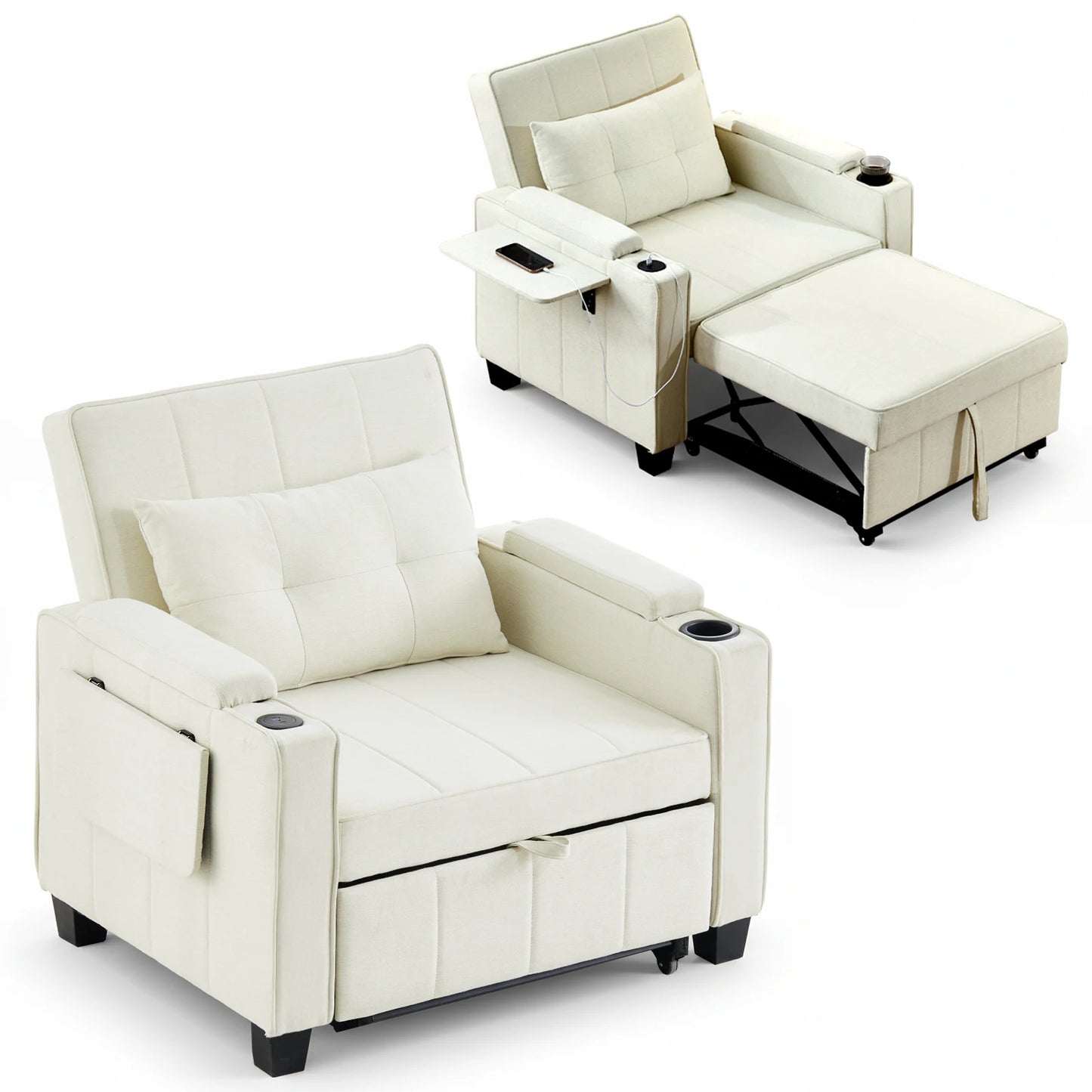 3-in-1 Sofa Bed with USB and Type-C, Adjustable Backrest TV Chair with Drink Holder and Armrest for Small Room Apartments