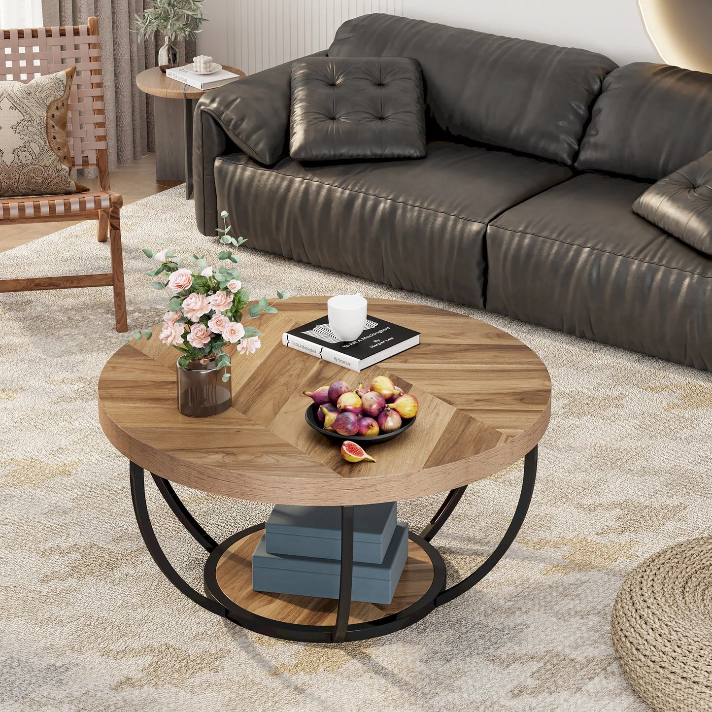 Table basse Jérôme — bois, style industriel, rangement intégré, 2 niveaux