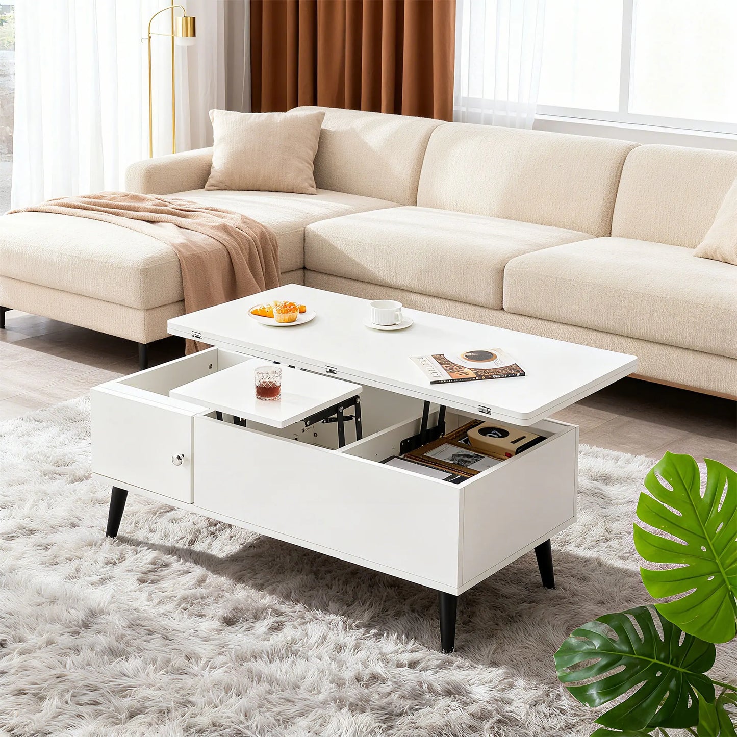 Convertible Coffee Table with Lifting Top, Retractable Living Room Table, Wooden Sofa Side Table with Hidden Storage Space