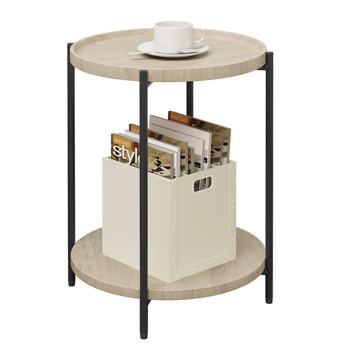 WOLTU Round Coffee Table with 2 Shelves Removable Table Top Sofa Telephone Tea Bedside Table for Living Room Bedroom Home