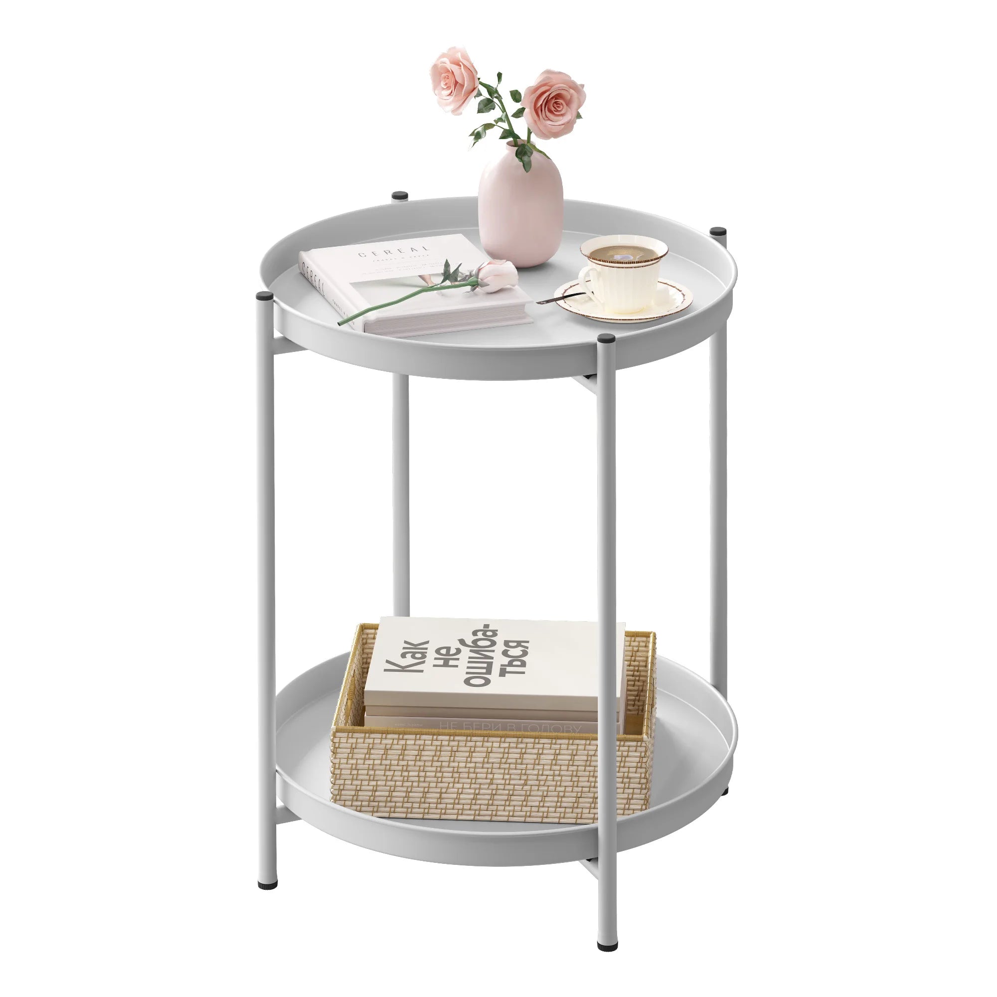 WOLTU Round Coffee Table with Storage Space 2 Removable Trays Metal Sofa Table for Living Room Modern Bedside Table for Bedroom