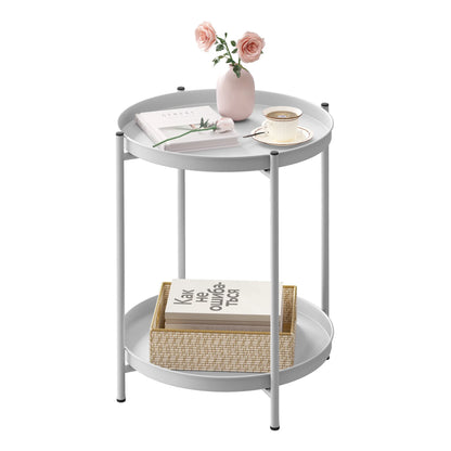 WOLTU Round Coffee Table with Storage Space 2 Removable Trays Metal Sofa Table for Living Room Modern Bedside Table for Bedroom