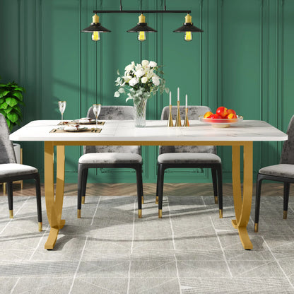 Table de salle à manger Louise — finition blanche, marbre, design contemporain, rectangulaire