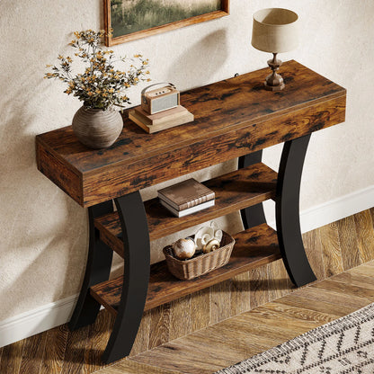 Console Valérie — style rustique, rangement intégré, 3 niveaux, étagères ouvertes