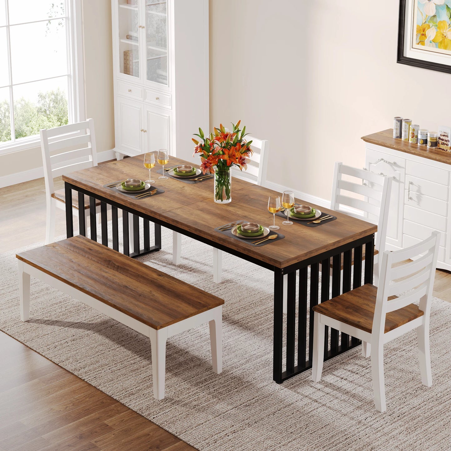 Table de salle à manger Michel — bois, métal, style industriel, rectangulaire