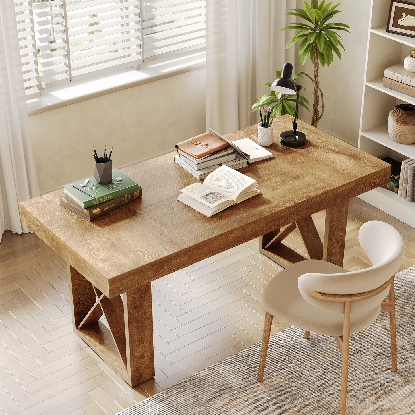 Table de salle à manger Justine — finition marron, style rustique, rectangulaire