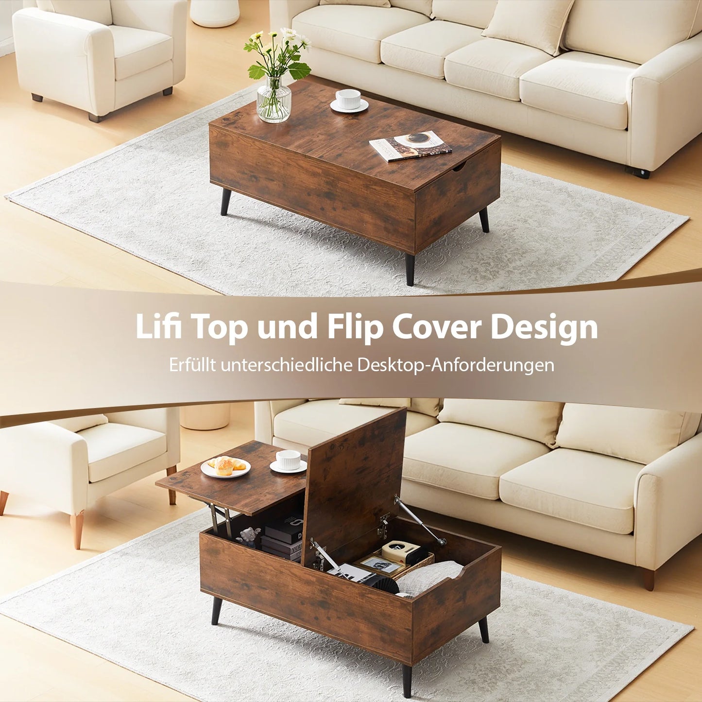 Lift Top Coffee Table with Storage, Wooden Sofa Side Tea Table for Living Room, Storage Cabinet with Hidden Compartments