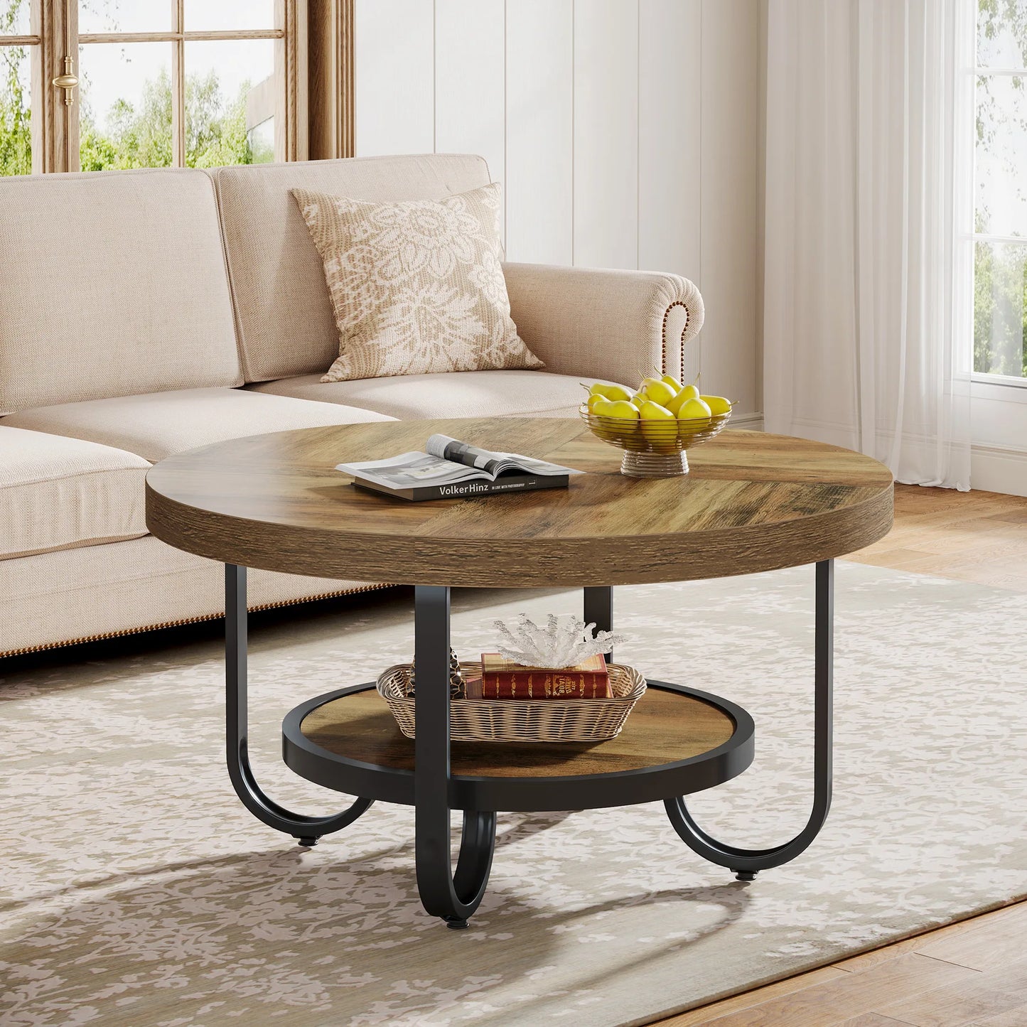 Table basse Ursule — rangement intégré, 2 niveaux, ronde, étagères ouvertes