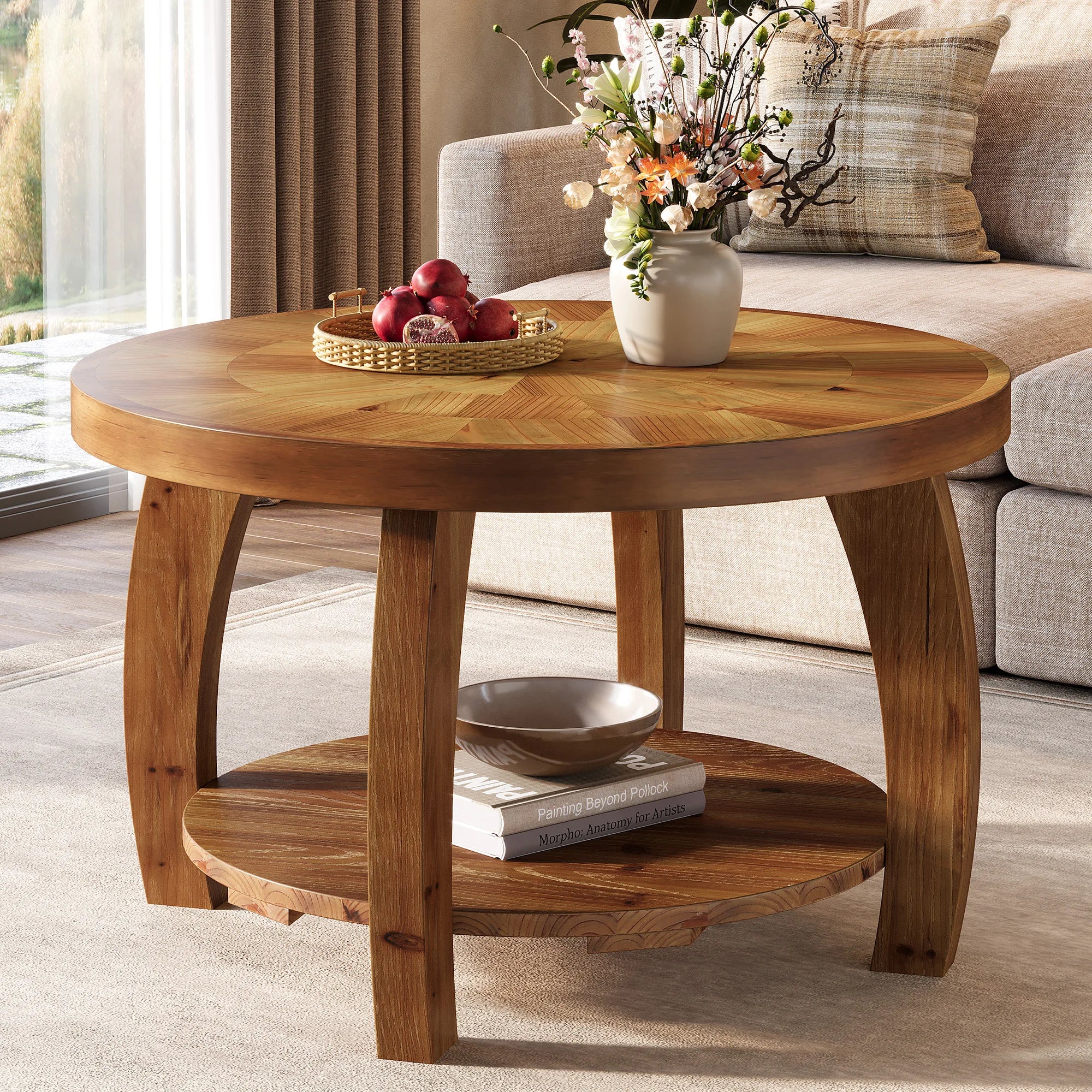 Table basse Yvonne — finition marron, bois massif, rangement intégré, 2 niveaux