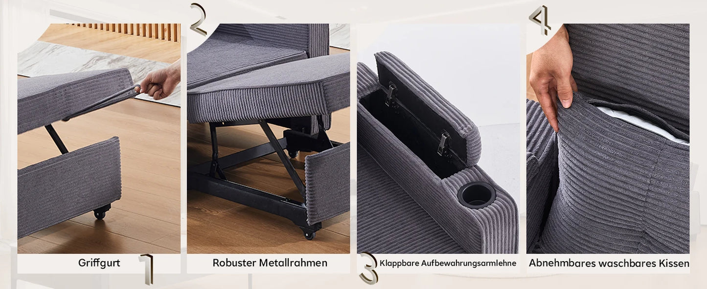 3-in-1 Single Sofa Bed with USB and Type-C, Adjustable Backrest TV Chair with Drink Holder and Armrest for Small Room Apartments