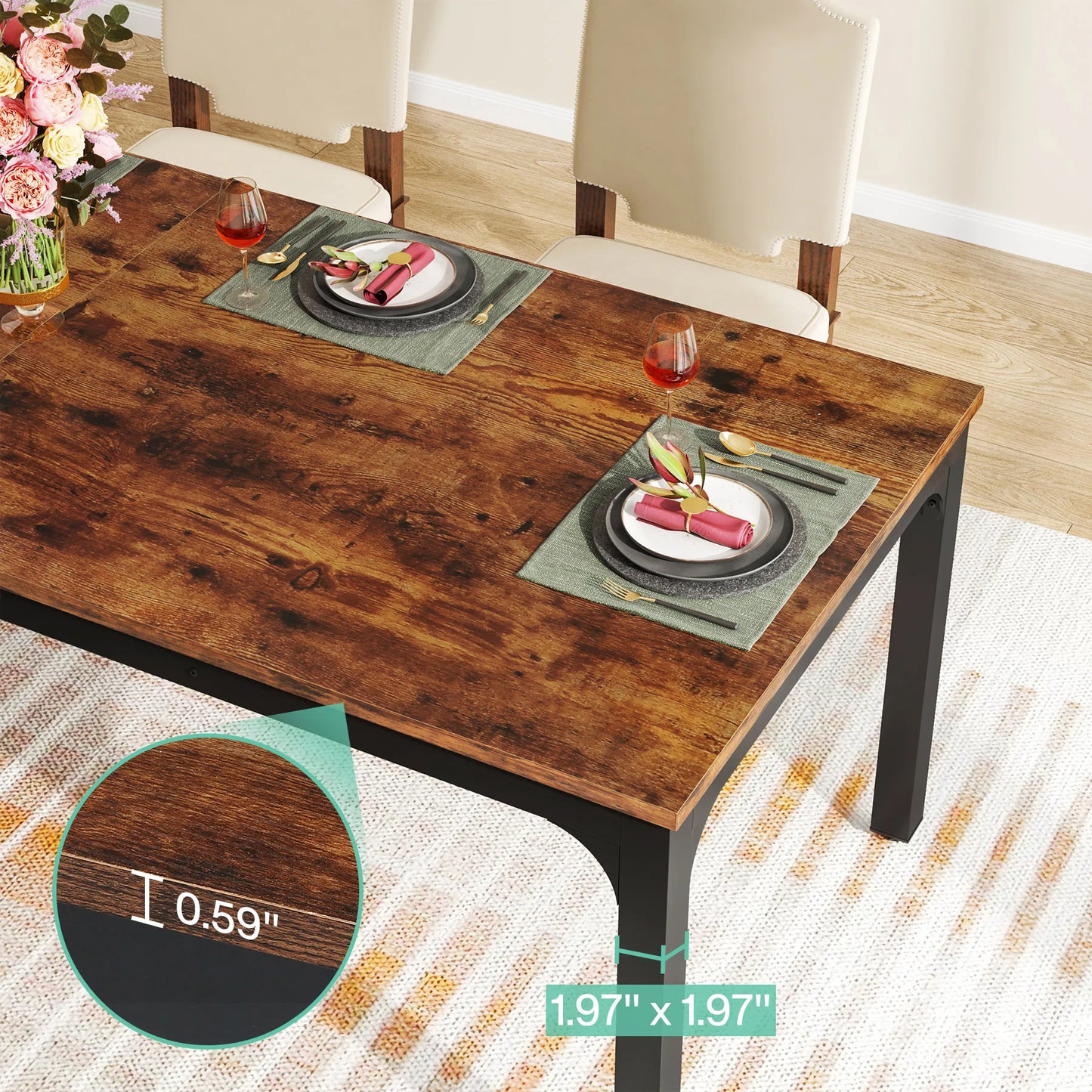 Table de salle à manger Émilie — bois, style industriel, rectangulaire