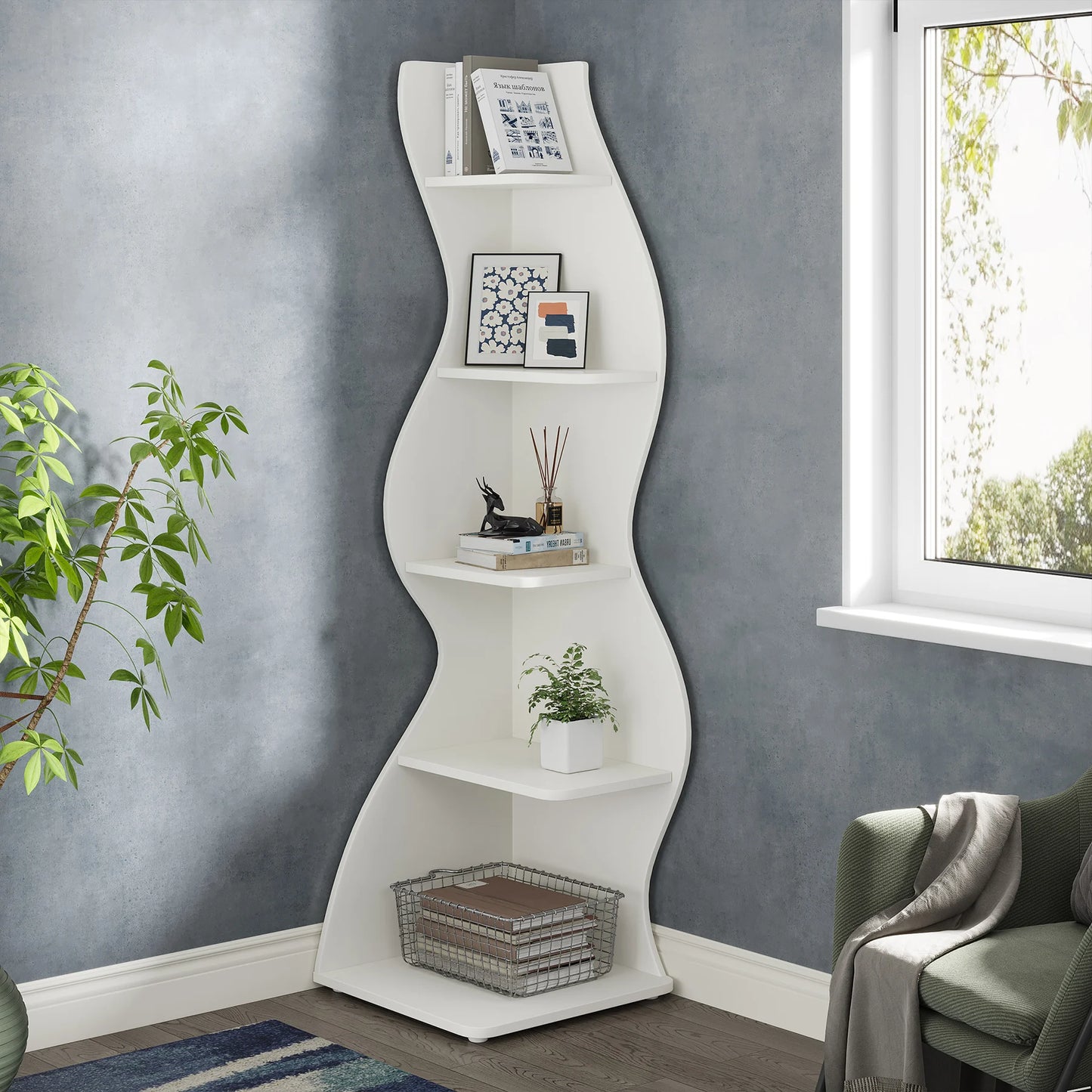 Bibliothèque Jules — design contemporain, rangement intégré, 5 niveaux, meuble d'angle