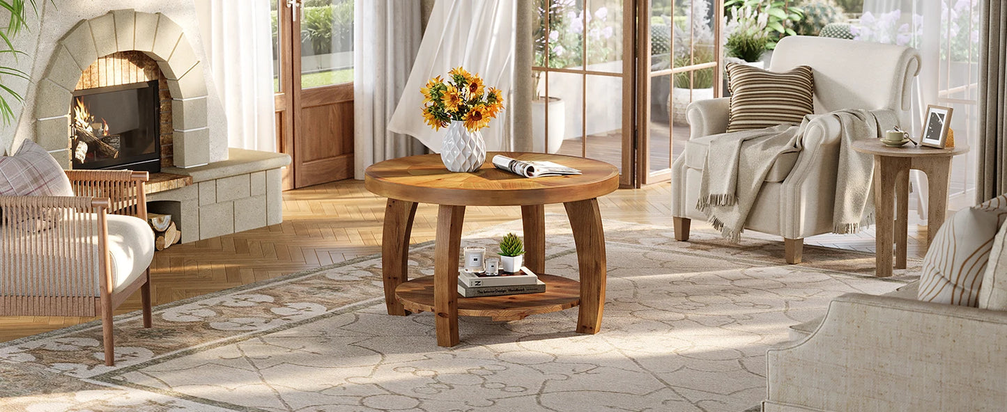 Table basse Yvonne — finition marron, bois massif, rangement intégré, 2 niveaux