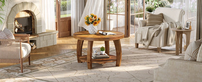 Table basse Yvonne — finition marron, bois massif, rangement intégré, 2 niveaux