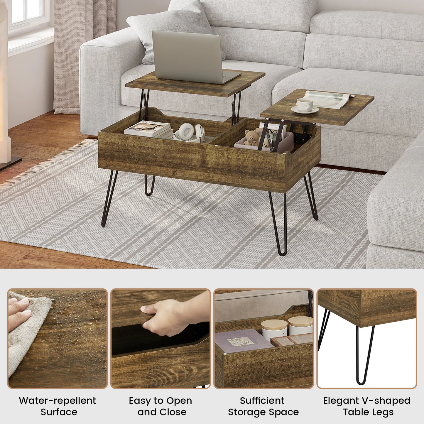 WOLTU Coffee Table Double Lifting Plate Sofa Table Height-Adjustable Pull-Out Living Room Table Separate Hidden Storage