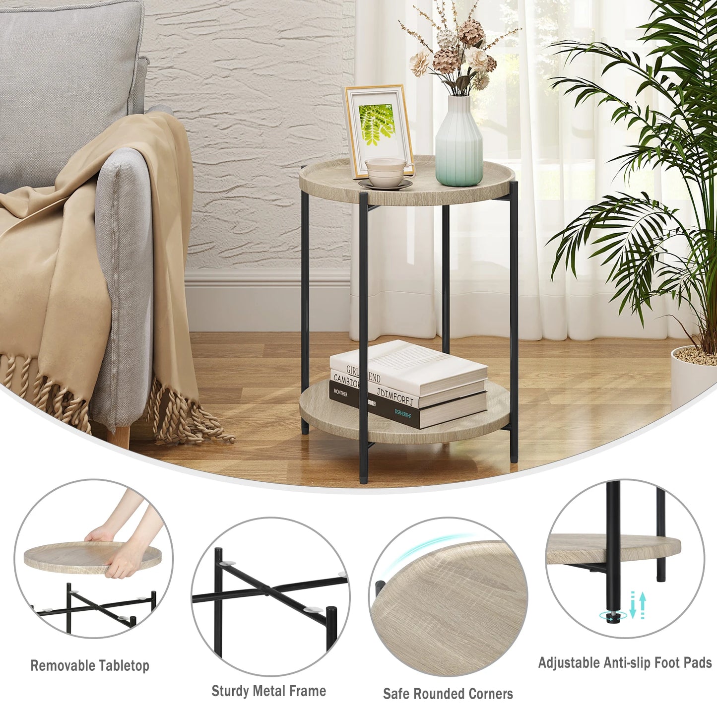WOLTU Round Coffee Table with 2 Shelves Removable Table Top Sofa Telephone Tea Bedside Table for Living Room Bedroom Home