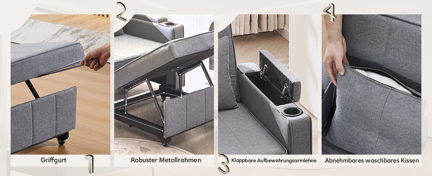 3-in-1 Sofa Bed with USB and Type-C, Adjustable Backrest TV Chair with Drink Holder and Armrest for Small Room Apartments
