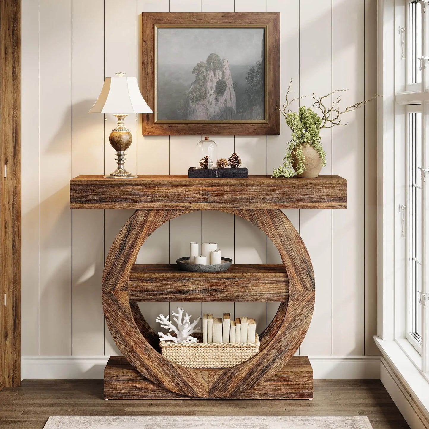 Console Franck — bois, métal, rangement intégré, 3 niveaux