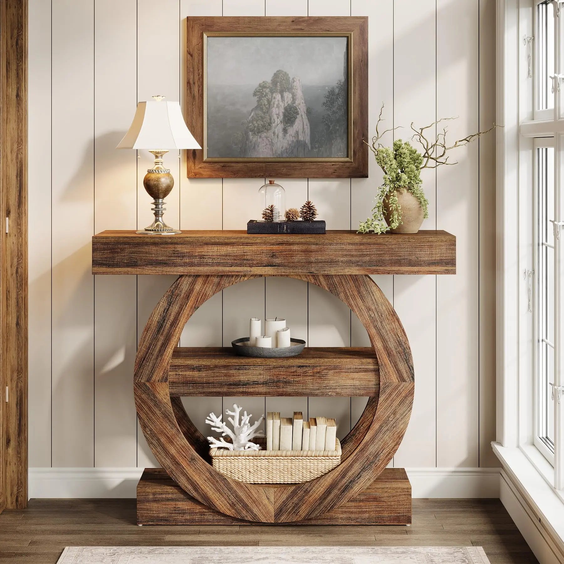 Console Franck — bois, métal, rangement intégré, 3 niveaux