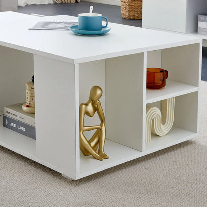 Extendable Coffee Table with LED Light, Living Room Centre Table with 4 Storage Drawers Shelves, Modern Wooden Sofa Side Table