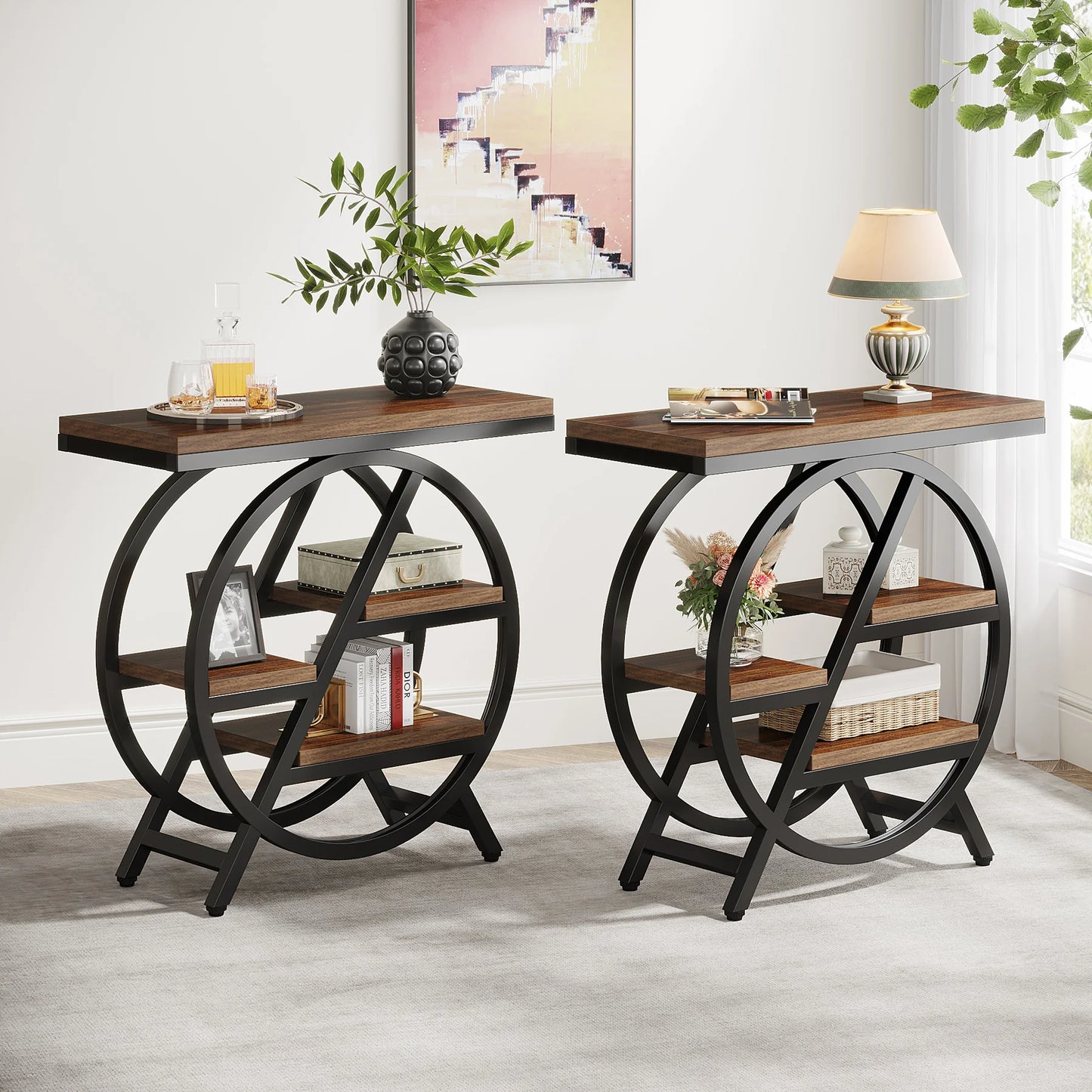 Table d'appoint André — bois, métal, rangement intégré, 3 niveaux